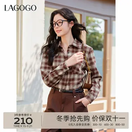 LAGOGO红米漫调隐格磨毛衬衫女拉谷谷2025年冬季新款格纹复古上衣商品大图