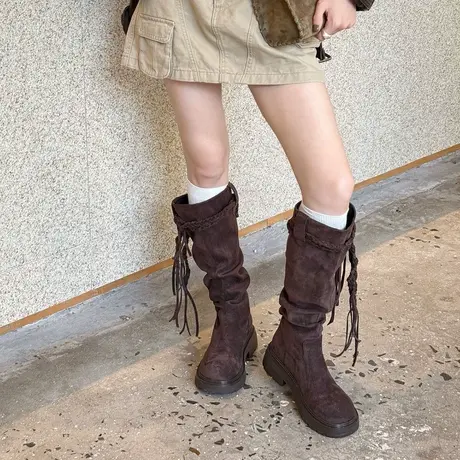 VME/舞魅羊皮绒面秋冬弹力靴保暖女靴绑带显瘦骑士靴长靴时装靴商品大图