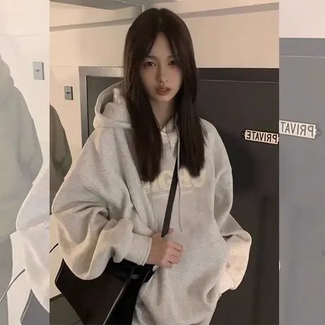 oversize大码连帽卫衣女秋冬加绒慵懒风宽松显瘦外套ins情侣上衣商品大图