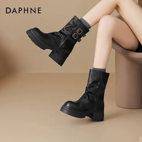 达芙妮黑色短靴女2026新款秋季厚底马丁靴裤管靴西部牛仔堆堆靴子图片
