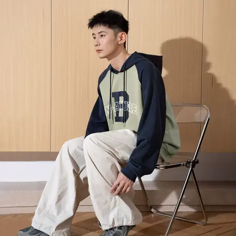 唐狮春秋季新款圆领卫衣男宽松撞色拼接插肩袖青少年上衣潮流TD商品大图