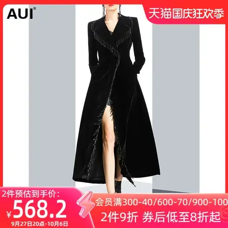 高端气质长款修身丝绒风衣女冬2022新款黑色流苏垂感洋气大衣外套商品大图