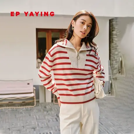 EP YAYING雅莹女装 羊毛羊绒polo领条纹针织衫 2023秋冬新款9562A商品大图