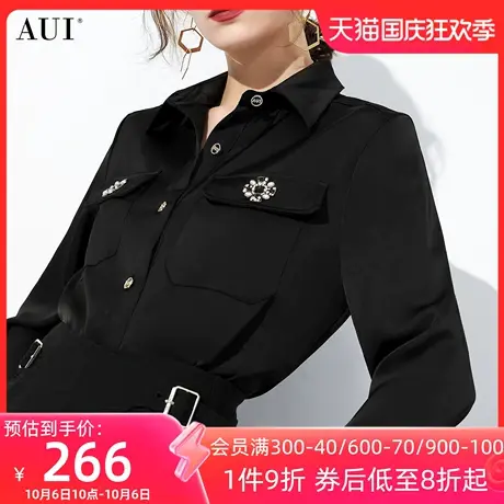 AUI黑色御姐风气质POLO领衬衫女2023秋冬新款高级感修身长袖衬衣商品大图