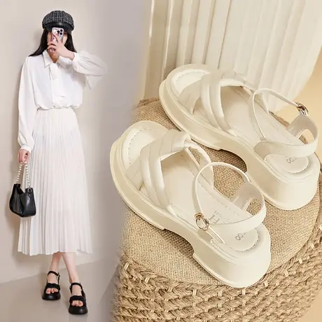 厚底踩屎感时尚凉鞋2023年新款夏季一字扣带松糕沙滩凉鞋女配裙子图片