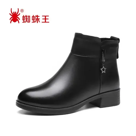 蜘蛛王短靴女英伦风2021新款秋季加绒保暖平底真皮侧拉链软皮女靴商品大图