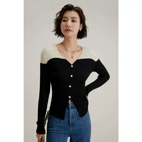 弥古撞色v领针织衫显瘦法式打底上衣女2023新款秋冬小众收腰毛衣图片