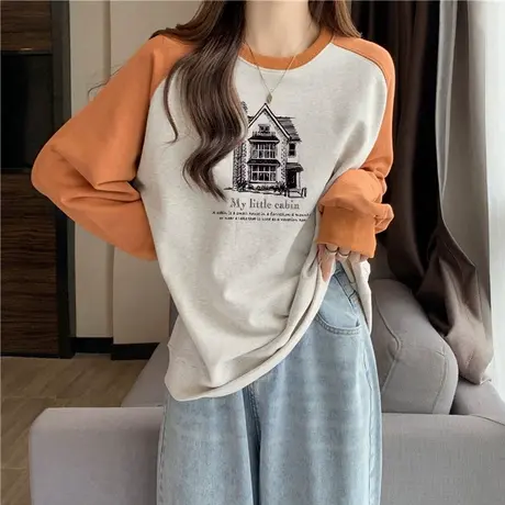 ins超火设计感拼色长袖插肩卫衣女秋冬加绒加厚宽松vintage上衣潮图片