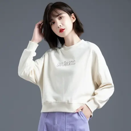 卫衣女2023年新款小个子女装春秋季无帽圆领短款上衣外套休闲米色图片