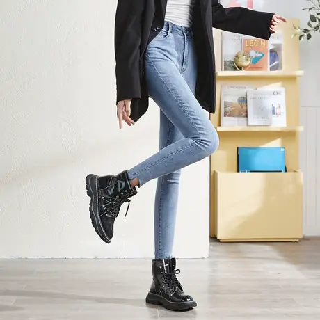 唐狮牛仔裤女高腰显瘦春秋新款裤子显高小脚裤弹力修身浅色长裤图片