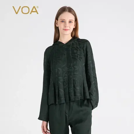 VOA复古绿羽毛提花真丝拼接乔其丝绸连肩长袖连帽卫衣真丝T恤衫图片