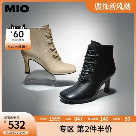 MIO米奥年秋冬季新款时尚百搭简约系带舒适高跟尖头时装靴图片
