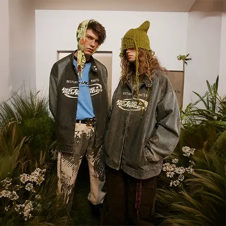 情侣装牛仔外套女春秋2023新款拼接潮牌立领夹克复古宽松小众上衣商品大图