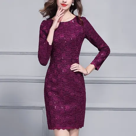 春装新品时尚圆领长袖修身显瘦一步裙优雅蕾丝连衣裙图片