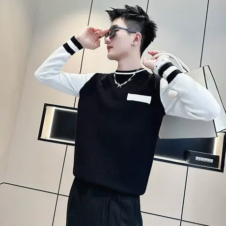 秋冬季撞色毛衣男潮流韩版简约休闲内搭针织衫上衣ins潮线衣体恤商品大图