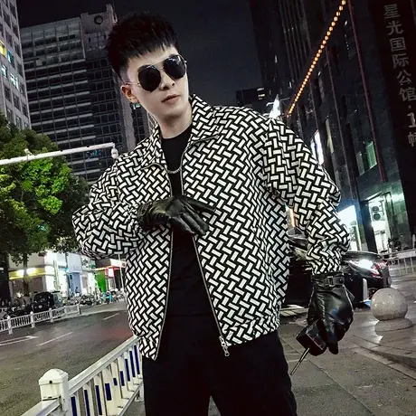 春秋男士夹克外套男装修身立领长袖潮流休闲花色印花个性原宿百搭商品大图