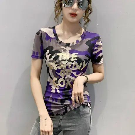 时尚烫金字母T恤女短袖夏潮洋气百搭网纱上衣显瘦半袖迷彩体恤衫商品大图