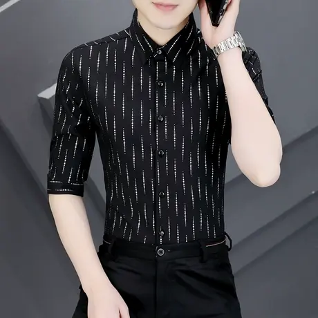 网红帅气衬衫男5七分袖夏季潮流个性中袖衬衣发型师短袖潮牌男装商品大图