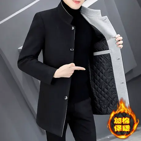 男士中长款风衣立领潮流中式休闲外套冬季男装加棉加厚毛呢子大衣图片