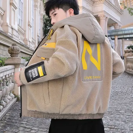 冬季颗粒绒棉衣男连帽加厚学生羊羔毛外套青少年帅气保暖加绒衣服图片