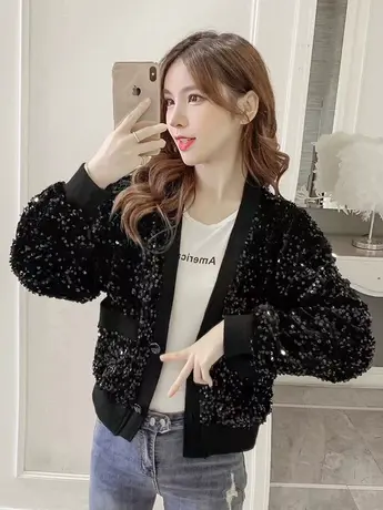 2023年春秋季欧洲站女装新款时尚洋气百搭小个子显瘦长袖亮片外套商品大图