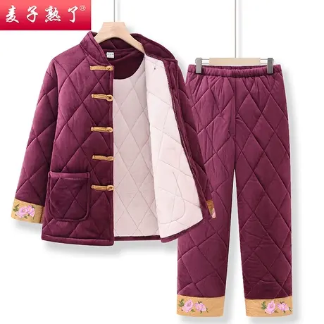 老年人冬装女妈妈加绒加厚保暖睡衣裤两件套居家服珊瑚绒奶奶棉袄商品大图