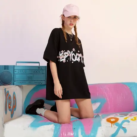 YEP国潮甜酷t恤女设计感小众黑色短袖流行设计感宽松纯棉上衣潮牌商品大图