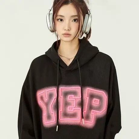 YEP2024新款黑色连帽卫衣女春秋薄款oversize宽松美式长袖上衣ins图片
