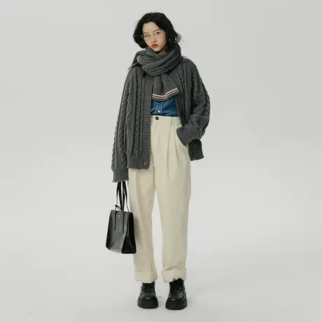 omont蛋挞家 灰色宽松毛衣开衫女秋冬2023新款慵懒风粗针毛衣外套商品大图