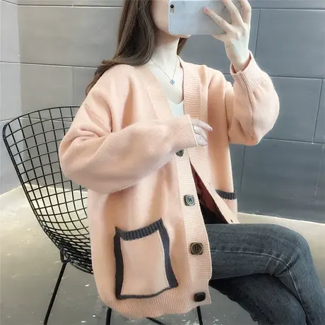 宽松洋气拼色针织开衫女中长款外搭秋季2023新款潮慵懒风毛衣外套图片