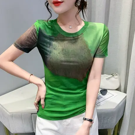 扎染网纱短袖T恤女装2024新款潮时尚修身气质上衣欧货圆领小衫夏商品大图