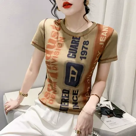 欧货字母印花T恤女短袖夏季休闲百搭显瘦上衣设计感圆领别致小衫商品大图