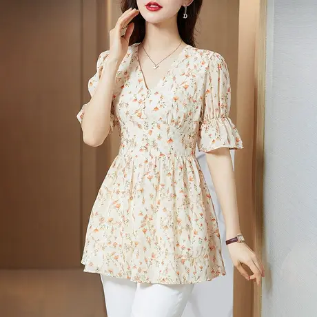 雪纺衫女2023新款夏季碎花清新上衣短袖衫收腰大码女装胖mm遮肚子图片