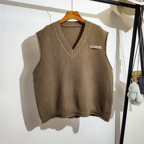 慵懒风针织马甲背心女秋冬新款v领韩系宽松大码无袖毛衣坎肩外穿商品大图