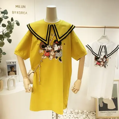 韩国东大门连衣裙2022夏季新款甜美海军娃娃领中长款T恤休闲大码商品大图