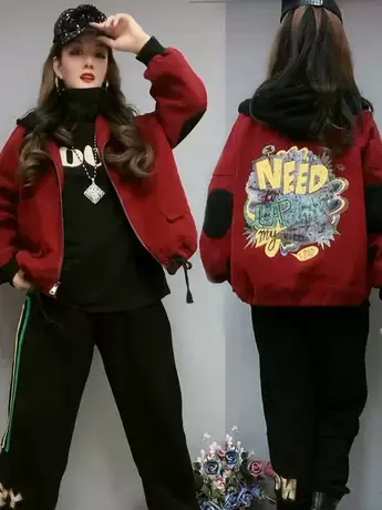 欧洲站2023年秋季长袖设计感小众撞色拼接印花宽松休闲短款外套女商品大图