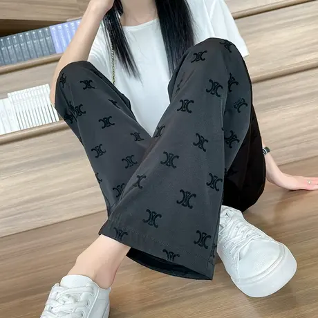 黑色醋酸阔腿裤女春夏薄款2023新款高腰垂感宽松直筒休闲冰丝裤子商品大图