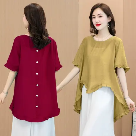 民族风复古棉麻前短后长荷叶边短袖T恤女夏季宽松套头不规则上衣商品大图