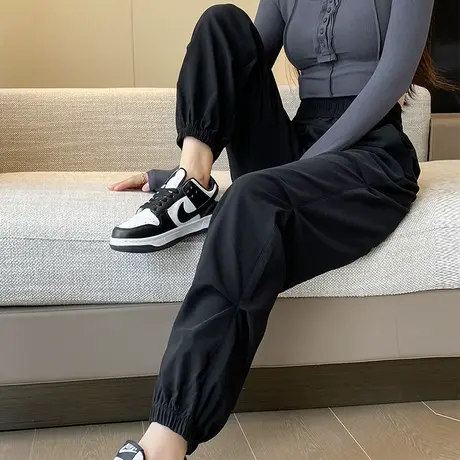 黑色工装裤女春秋新款2024高腰抽绳束脚登山裤休闲美式哈伦运动裤商品大图