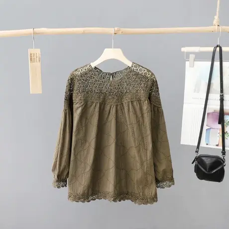 法式洋气镂空蕾丝拼接纯棉白色衬衫女长袖休闲百搭衬衣圆领打底衫商品大图