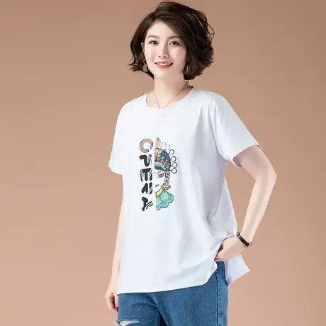夏季加肥加大码女装宽松纯棉印花体恤中年妈妈遮肚子短袖T恤女商品大图