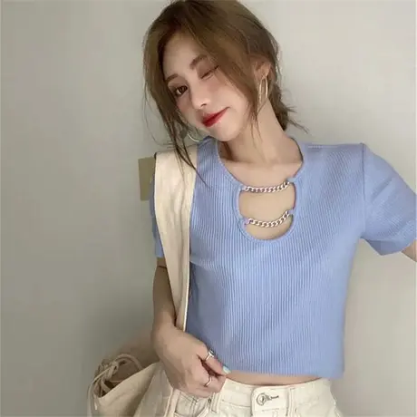 短款方领露脐短袖t恤女春夏2024新款修身显瘦针织衫上衣配高腰裤商品大图