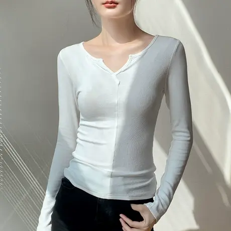 不规则V领长袖T恤女2023早秋新品修身设计感小众超显身材的打底衫商品大图