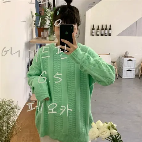 红续韩版休闲温柔风绿色长袖毛衣女2023年秋季新款小个子宽松上衣商品大图