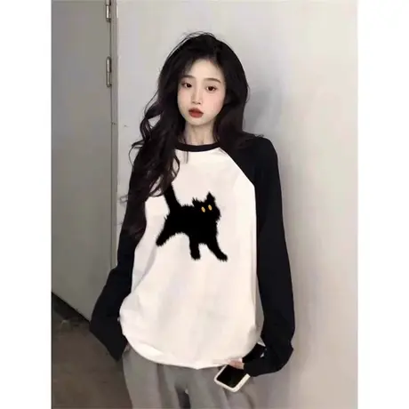 美式宽松插肩长袖女早秋2023新款纯棉衫撞色内搭打底T恤休闲上衣商品大图