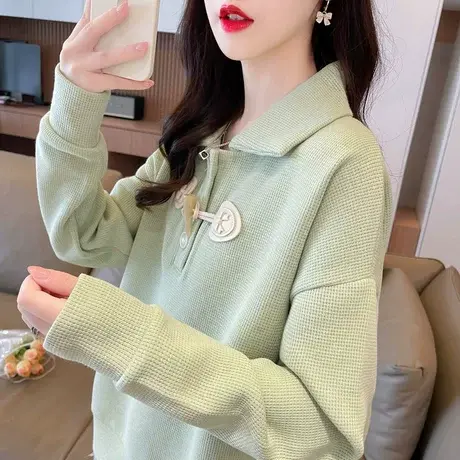 华夫格卫衣女春秋季韩版宽松大码慵懒风薄款小个子polo领上衣外套图片