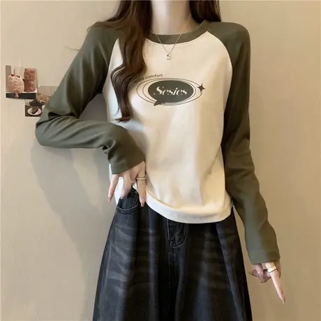 小个子短款正肩长袖T恤女秋季百搭韩版修身小衫插肩袖撞色上衣潮图片