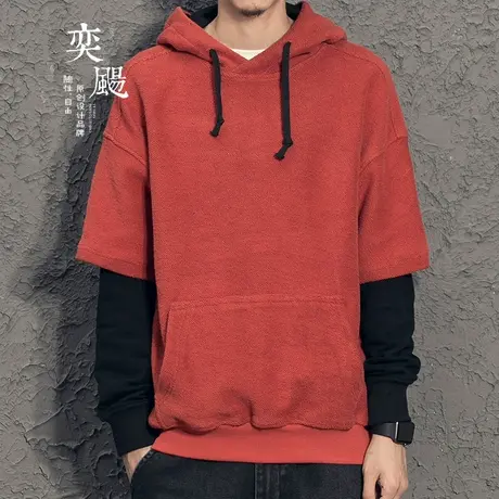 奕飏2022秋冬oversize卫衣嘻哈外套男 假两件卫衣男套头连帽韩版图片