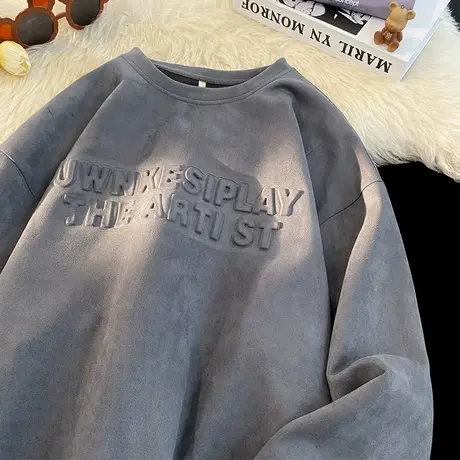 中山无帽卫衣男款麂皮绒美式复古圆领潮牌重磅oversize宽松外套春商品大图