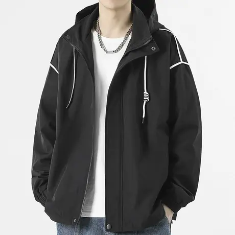男士黑色连帽外套男潮流百搭春秋季工装冲锋衣2023年新款宽松夹克商品大图